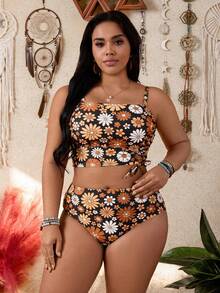Swim Vcay Plus Size Tankini Swimwear With Printed Pattern, European & American Style Resort Collection - Multicolor - View 3