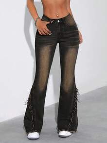 SHEIN ICON Frayed Hem Slant Pocket Fashionable Slim Fit Flare Jeans - Black - View 5