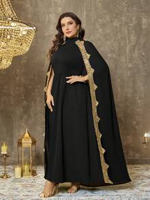 EMERY ROSE 大码闪亮高领披肩式连衣裙，优雅迷人，适合约会和派对 - 黑色 - 查看 9