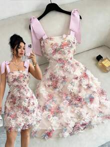 Elenzga Đầm in họa tiết hoa 3D kiểu Pháp cổ điển, thiết kế mới mùa xuân/hè, chất liệu satin, cổ vuông, thắt nơ, dáng chữ A ngắn, trẻ trung, thích hợp cho hẹn hò, thanh lịch, độc đáo và đẹp mắt dành cho nữ. - Nhiều màu - Xem 1