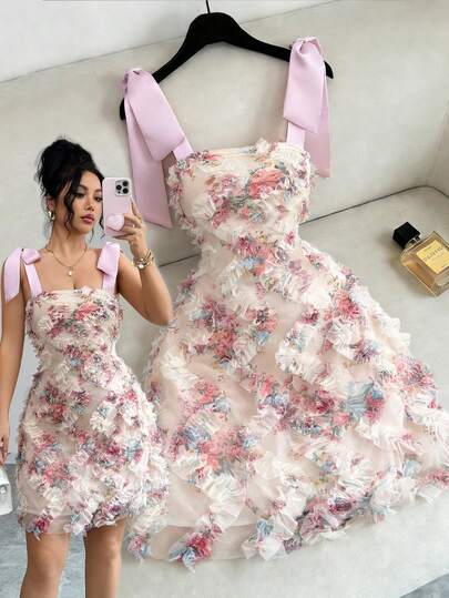 Elenzga French Retro 3D Floral Mesh Painting Print Dress, Spring/Summer New Design Satin Bow Tie Square Neck Waist Cinched A-Line Short Skirt, Youthful, Date, Pure, Elegant, Unique, Beautiful Ladies Dress