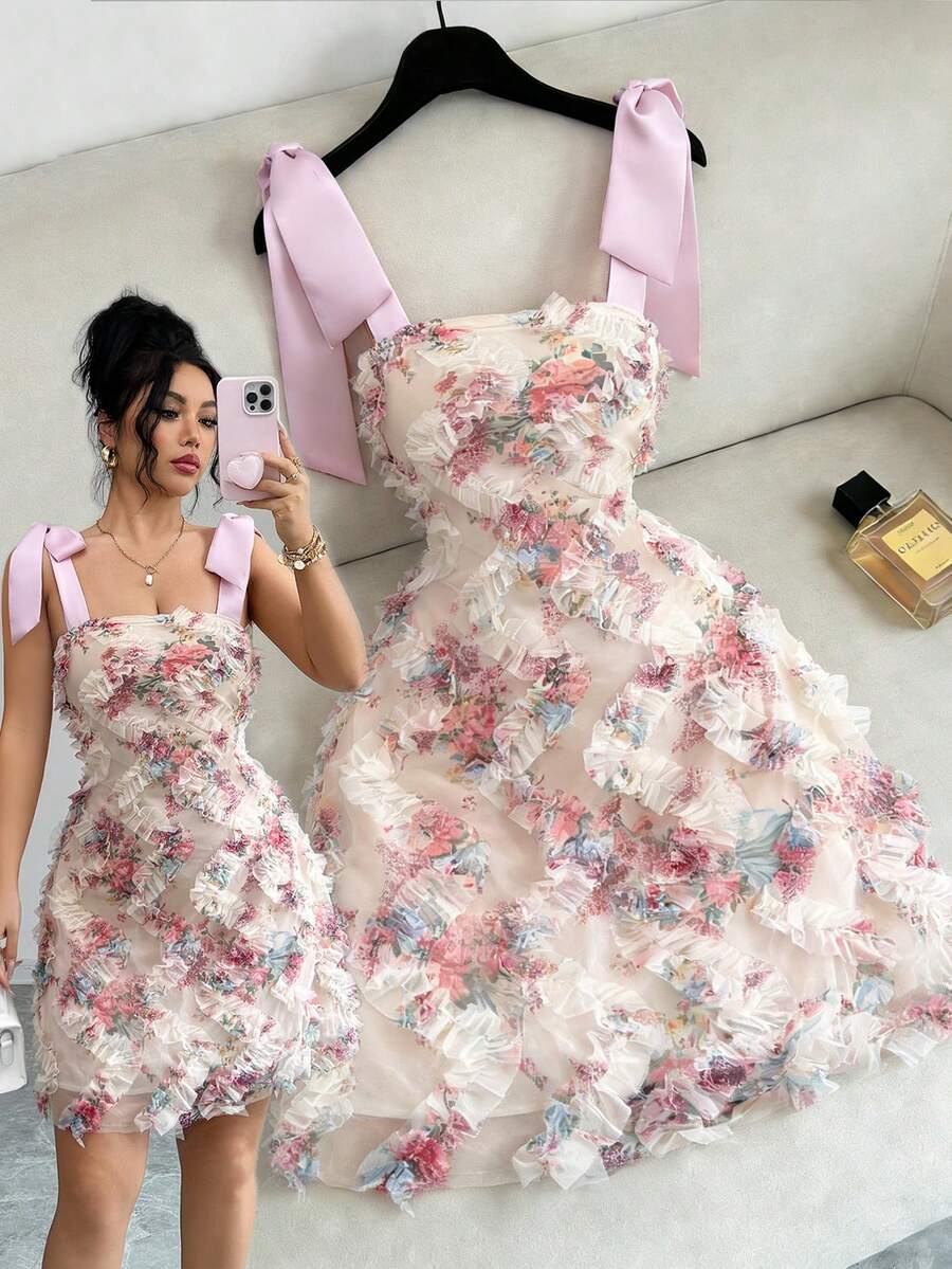 Elenzga Đầm in họa tiết hoa 3D kiểu Pháp cổ điển, thiết kế mới mùa xuân/hè, chất liệu satin, cổ vuông, thắt nơ, dáng chữ A ngắn, trẻ trung, thích hợp cho hẹn hò, thanh lịch, độc đáo và đẹp mắt dành cho nữ. - Nhiều màu - Xem 1