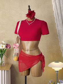 Bellisia 女士纯色圆领短袖上衣和三角裤吊带背心套装，配不对称下摆半身裙 - 紅色 - 查看 7