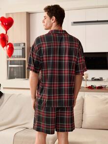 CoupledUp 2pcs Men Casual Plaid Print Short Sleeve Shirt And Shorts Pajama Set Women's Pajama Set Men's Sleepwear Plaid Pajama Set Couple Matching Pajamas Set Pajama Sets - Multicolor - View 2