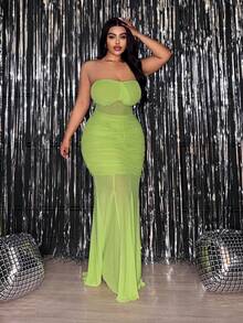 Veslaya 春夏新款优雅派对礼服、约会礼服、晚礼服、婚礼季礼服、毕业派对礼服、生日庆典礼服、活动礼服、度假礼服，性感修身纯色抹茶绿无肩带连衣裙，全身褶皱，透视网纱拼接，鱼尾下摆拼接，大码连衣裙 - B 绿色抹胸连衣裙，网纱长款连衣裙，绿色性感连衣裙，青柠绿连衣裙，绿色连衣裙，曲线无肩带连衣裙，夏季连衣裙 - 橄欖綠 - 查看 6