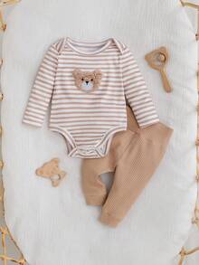 SHEIN Newborn Baby Girl Casual Cute Striped Cartoon Pattern Long Sleeve Romper Outfit Set - Apricot - View 4