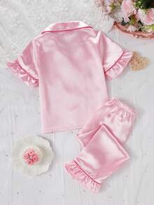 2pcs Girls Toddler Solid Color Ruffle Hem Short Sleeve Top And Pants Pajama Set, Spring/Summer - Pink - View 2