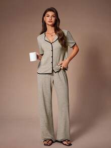 SHEIN Women's Casual Contrast Trim Lapel Short Sleeve Cardigan And Pants Loungewear Set, Spring/Summer/Autumn - Khaki - View 1