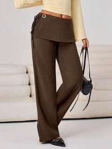 Aidyla 女士街头时尚休闲通勤侧打结二合一阔腿裤 - 咖啡棕 - 查看 1