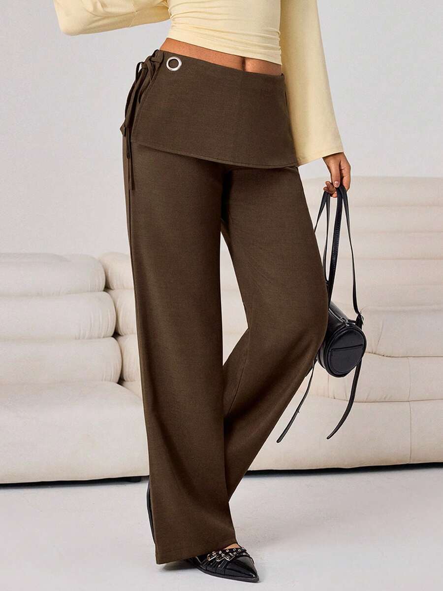 Aidyla 女士街头时尚休闲通勤侧打结二合一阔腿裤 - 咖啡棕 - 查看 1