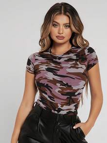SHEIN SXY 夏季迷彩印花紧身短袖女式休闲T恤 - 棕色 - 查看 4