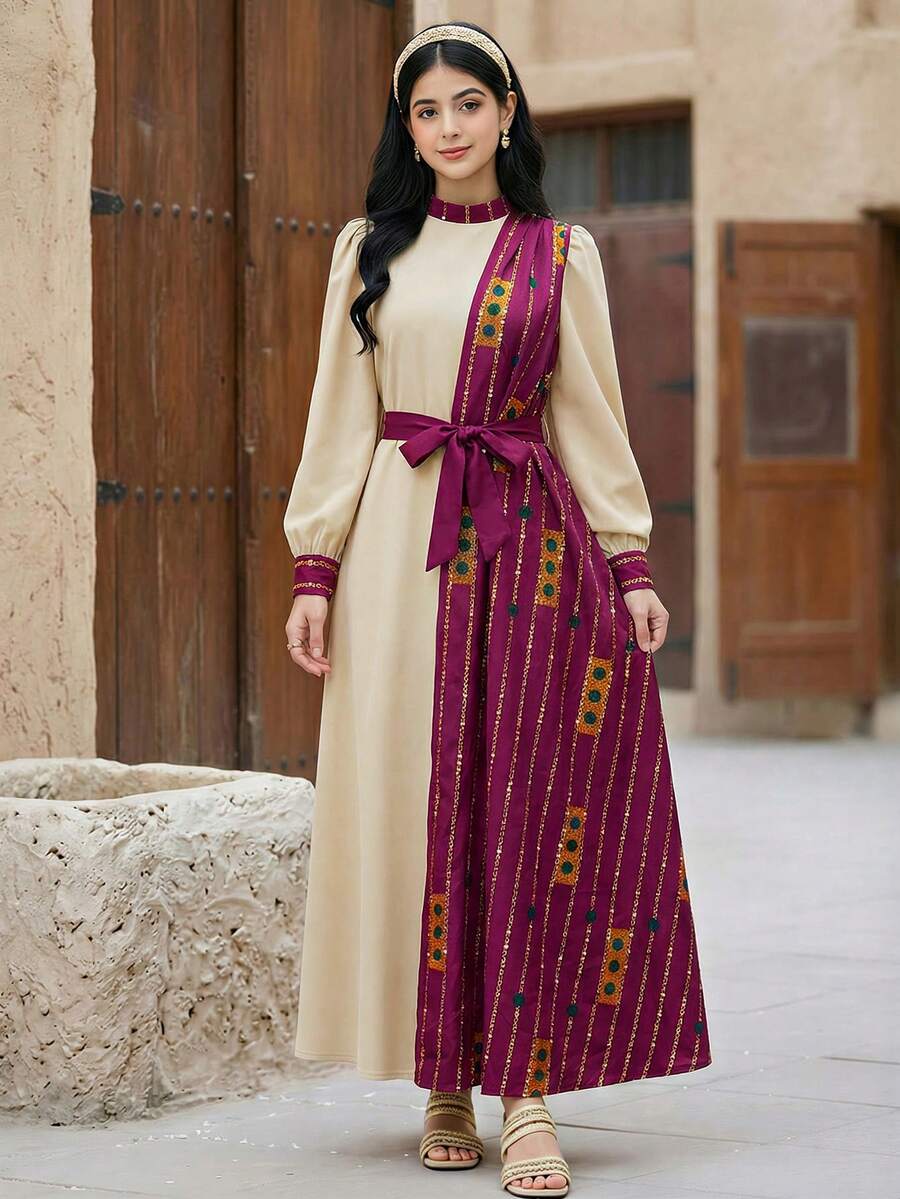 SHEIN 少女杏色拼接印花图案休闲度假长袖连衣裙 - 彩色 - 查看 1