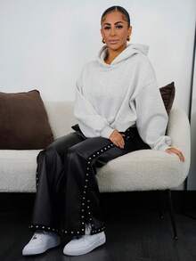 SAYEHFBABY 設有鉚釘細節和分割式下擺的PU皮褲 - 黑色 - 查看 4