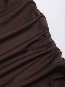 Sweetra 女士新款优雅撞色蕾丝纯色蝴蝶结长袖弹力中长连衣裙 - 棕色 - 查看 5