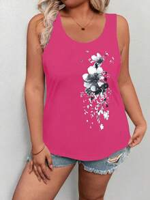 EMERY ROSE Blusa de tirantes con cuello redondo, estampado floral, versátil, para mujer de talla grande - Rosa Fucsia - Ver 3