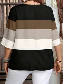 EMERY ROSE Plus Size Casual Contrast Striped Shirt, Suitable For Summer Spring - Multicolor - View 2