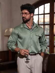 DAZY Men's Green Button-Front Pocket Long Sleeve Casual Shacket, Spring/Autumn