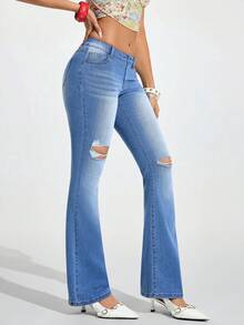 Jeanoix Dammode i slitna, tvättade, utsvängda jeans med fickor - Blå - Visa 4