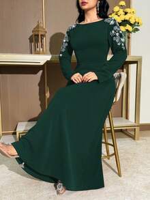 Modelyn 女士串珠花卉装饰V领优雅派对连衣裙 - 墨綠色 - 查看 6