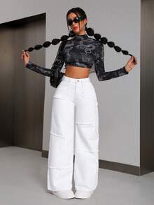SHEIN PETITE Quần jeans nữ ống rộng cạp cao, gấu quần rách, dáng rộng thoải mái, phong cách thường ngày. - trắng - Xem 5