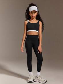 SHEIN Ensembles sans couture pour activités de préadolescentes, hauts et leggings 2 en 1 bicolores, tenue de yoga et de sport décontractée, couleurs contrastées noir et blanc, tissu extensible et confortable - Noir et Blanc - Voir 6
