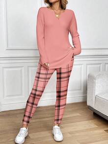 EMERY ROSE 大码女式纯色V领长袖上衣和格子打底裤休闲两件套 - 彩色 - 查看 3