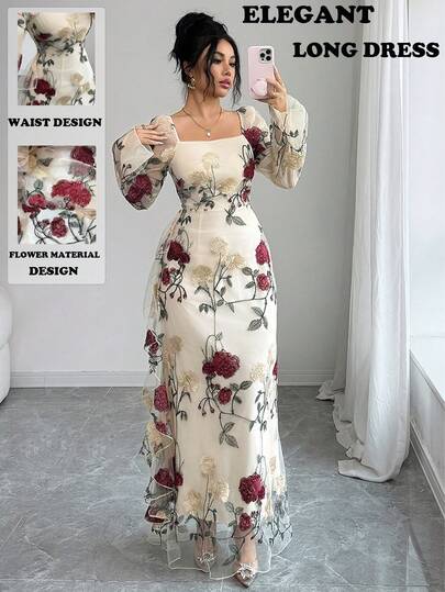 SHEIN Elenzya Elegant Apricot Long Dress For Women Square Neck Flared A Line With Floral Plant Pattern Extra-Long Puff Sleeves Back Zipper Detail Elegant And Fashionable Women's Floral Mesh Beige Square-Neck Long-Sleeve Dress, Spring-Summer New Arrival. Ideal As A Casual Vacation Beach Dress For Romantic Dates, Social Gatherings, And Everyday Wear.Waist-Tapering Design Long Dress Square Neckline Long Dress Suitable For Leisure Vacation Beach Dress Holiday Date Outing Wear Suitable For Leisure Vacation Beach H