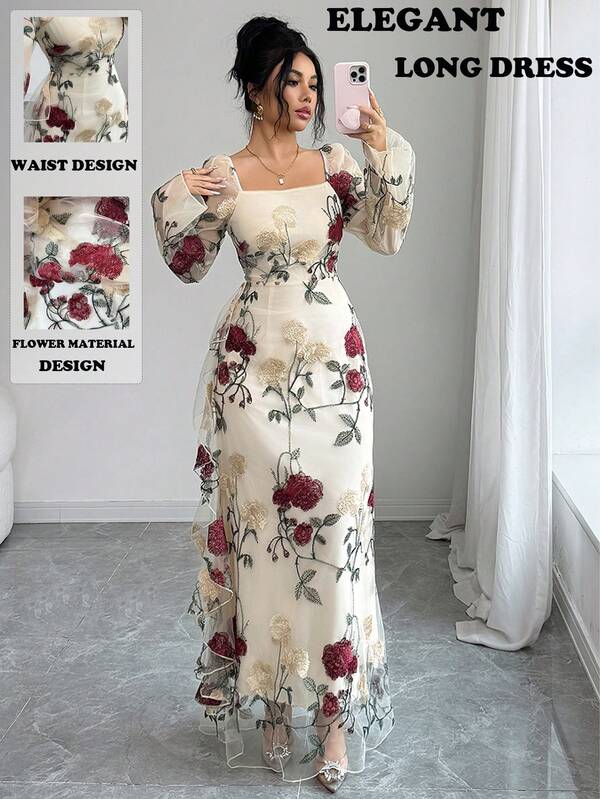 SHEIN Elenzya Elegant Apricot Long Dress For Women Square Neck Flared A Line With Floral Plant Pattern Extra-Long Puff Sleeves Back Zipper Detail Elegant And Fashionable Women's Floral Mesh Beige Square-Neck Long-Sleeve Dress, Spring-Summer New Arrival. Ideal As A Casual Vacation Beach Dress For Romantic Dates, Social Gatherings, And Everyday Wear.Waist-Tapering Design Long Dress Square Neckline Long Dress Suitable For Leisure Vacation Beach Dress Holiday Date Outing Wear Suitable For Leisure Vacation Beach H