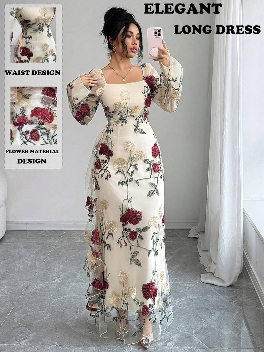 SHEIN Elenzya Đầm dài màu mơ phối lưới hoa hồng thanh lịch mùa xuân/hè mới dành cho nữ, đầm đi nghỉ mát, đầm đi biển thường ngày, thích hợp cho buổi hẹn hò ngày Valentine, tiệc tùng, gặp gỡ hàng ngày, đi chơi, đầm dự tiệc cưới. - Màu be - Xem 1