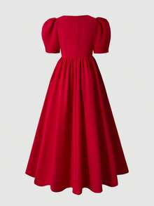SHEIN Vestido largo minimalista de moda para niñas, vestido largo de punto rojo con cuello cuadrado y adornos de cristal, adecuado para fiestas, salidas y eventos importantes - Rojo - Ver 5