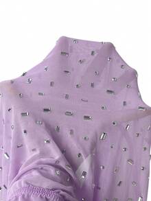 SHEIN BAE 女士单肩长袖露脐上衣，饰有水钻，适合夏季海滩、度假、夜店派对、音乐会、音乐节等场合。 - 淡紫色 - 查看 7