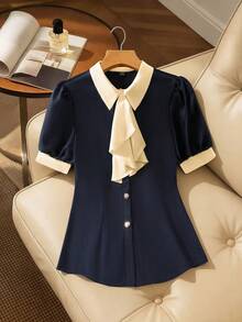 Franclia Women's New Navy Blue & Cream Color Block Shirt - Retro Peter Pan Collar + Ruffled Bow Tie, Puff Half Sleeves + Metal Buttons, Elegant Office-Wear Waist-Cinched Temperament Blouse French Style Clothes Navy Blue Blouse Blouse With Bow Polo Blouse For Women Formal Women's Formal Shirt Office Tops For Woman Formal Women Top - Black - View 1