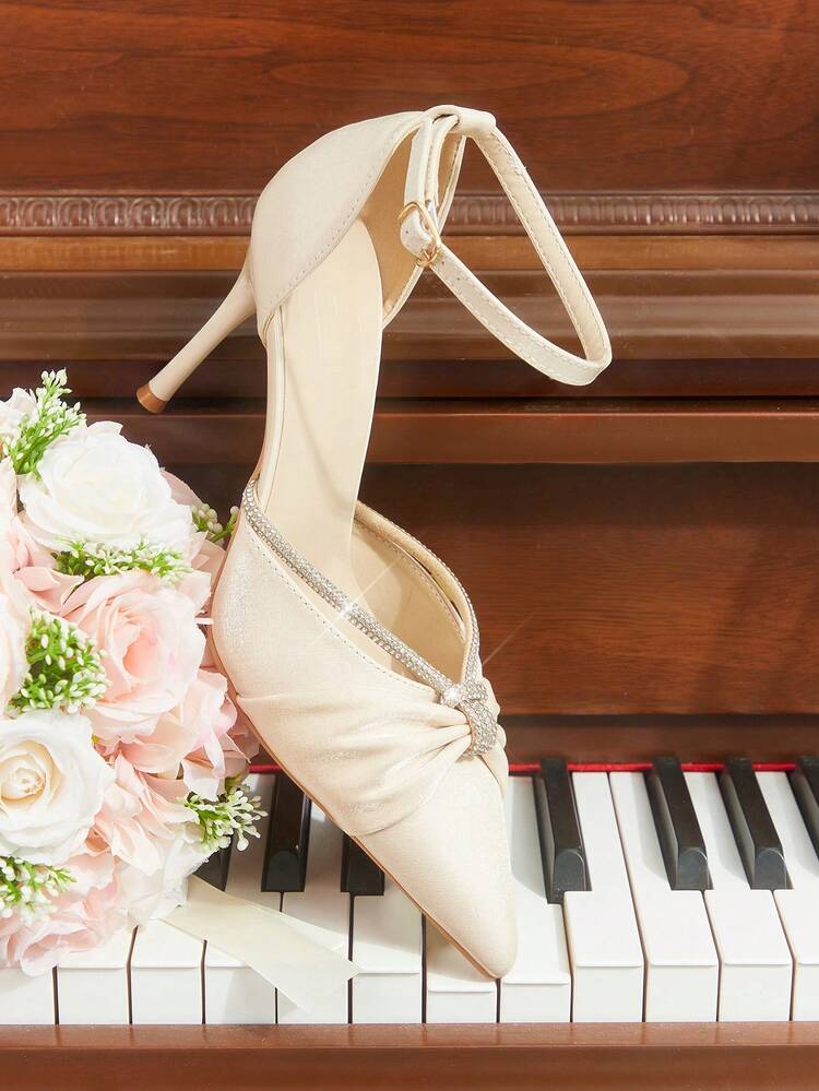 CUCCOO HITCHD Pointed Toe Rhinestone Bow Decor Ankle Strap Hollow Out High Heel Wedding Party Pumps Elegant Shoes Wedding Shoes