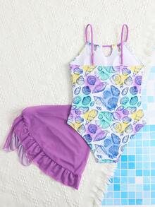 少女爱心印花泳衣套装，含网纱裙，两件套，时尚休闲 - 彩色 - 查看 2