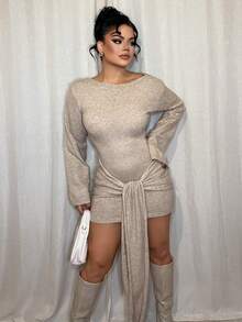 厚针织系带连衣裙，优雅春假可爱性感90年代机场穿搭，适合假日、夏季、秋季、冬季日常穿着，也适合圣诞派对、婚礼宾客、休闲场合和感恩节等场合。 - 卡其色 - 查看 4