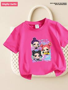 SHEIN GraphicGems 女童字母豹纹蝴蝶结印花短袖T恤，日常穿着的理想之选，玫红色，时尚可爱，适合幼儿女孩，舒适百搭，居家穿着皆宜。 - 玫紅色 - 查看 5