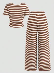 SHEIN 少女休闲简约舒适侧褶背心短裤套装 - 彩色 - 查看 2