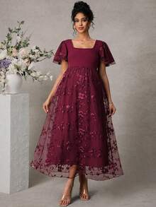 Momance Elegant Embroidered Short Sleeve Dress - Burgundy - View 6