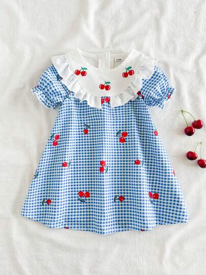 1pc Baby Girls' Comfortable & Fashionable Casual Regular Thickness Round Neck Patchwork Cute Cherry Embroidery Ruffle Hem Paired With Plaid Cherry Print Fabric Minimalist Bubble Short Sleeve Basic Soft Versatile Dress, Suitable For Spring/Summer Occasions, Home, Outings, Travel, School