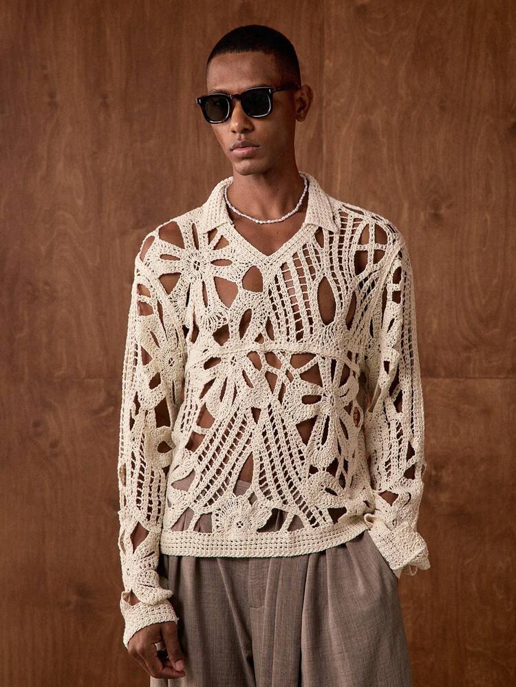 Suéter de punto minimalista de unicolor de manga larga para hombre, camisa de encaje para hombre, suéter de punto floral para hombre, camisa de punto abierto para hombre, top de ganchillo para hombre, suéter de punto para hombre, camisa de ganchillo para hombre, top de punto para hombre