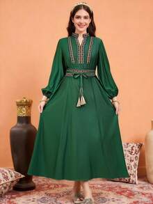 SHEIN Teen Girl Casual Vacation V-Neck Lantern Sleeve Ribbon Decor Dress, Solid Color With Belt, Olive Green Teen Green Dress Modest Green Dress Embroidered Long Dress Bohemian Green Dress Green Long Sleeve Dress - Dark Green - View 7