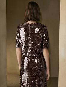 Arave 女士亮片闪光面料短袖圆领拉链套头衫，优雅约会派对亮片优雅上衣 - 咖啡棕 - 查看 5