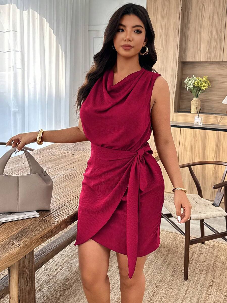 Weeklong Plus Size Solid Color Minimalist Sleeveless Casual Dress - Burgundy - View 1