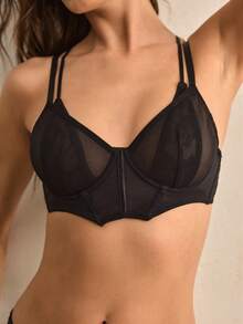 Charlaine 1pc Sexy Lace & Mesh Patchwork Women's Bra - Black - View 7