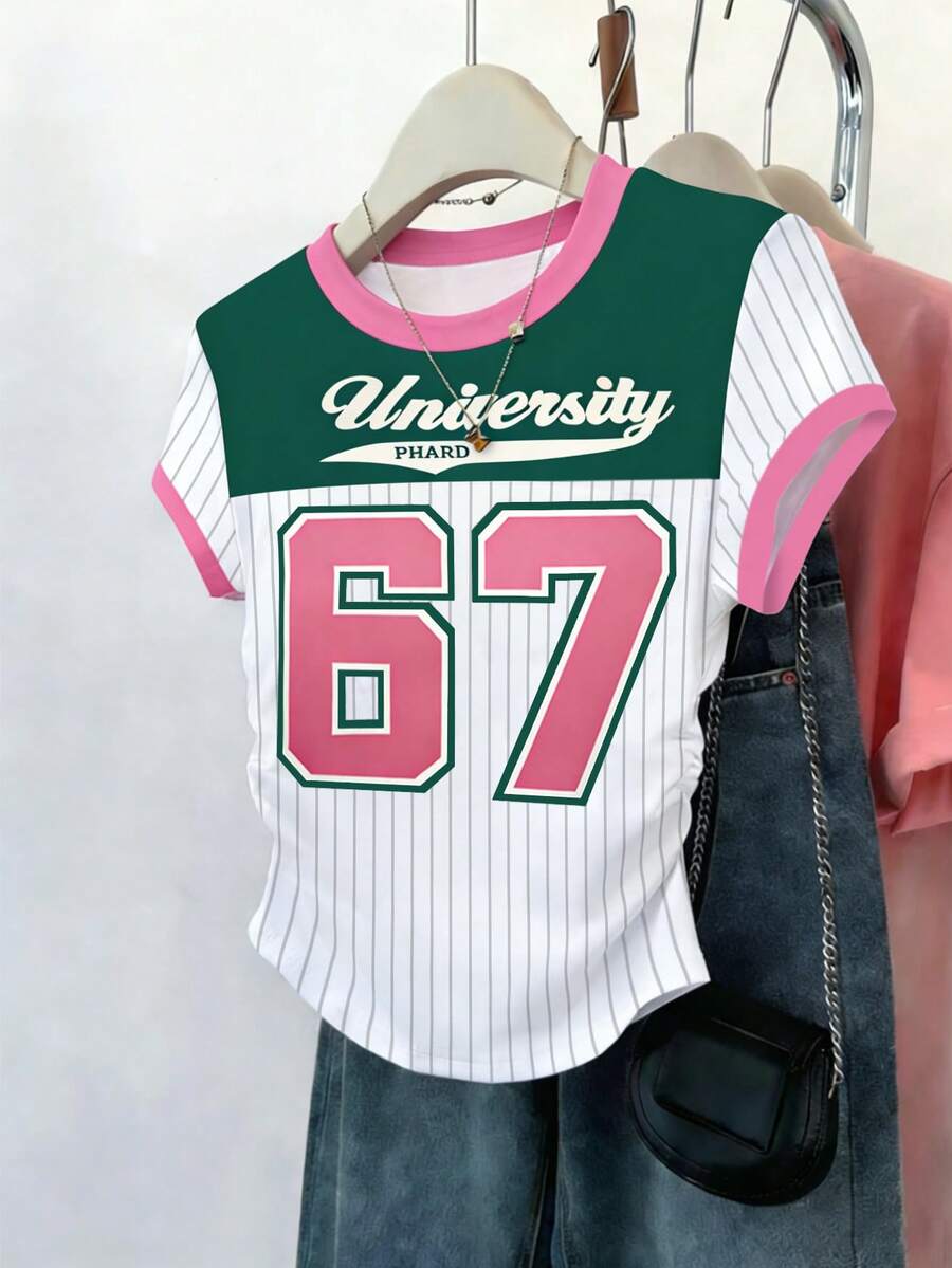 Resyla 畅销单品！这款酷炫的粉色撞色条纹T恤，饰有数字和字母印花，专为女性设计。适合日常穿着、上学、购物、约会和观光游览。春夏时尚吸睛之选。 - 彩色 - 查看 1