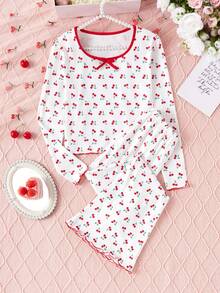 2pcs Tween Girls Comfortable & Cute Cherry Print Long Sleeve Pajama Set - White - View 5