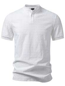 Manfinity Homme Men's Textured Fabric Stand Collar Short Sleeve POLO Shirt, Standard Size, White Polo Shirts For Men Collar Business Casual Tops Men Coffee Shirt Men White And Grey Shirt Men,Weekend Trips, Outdoor Activities, Travel Expeditions, Relaxed Work Environments Or Semi-Formal Occasions, Boyfriend/Husband Gift, Anniversary /Birthday Gift Party Summer Vacation Holiday New Years Wedding Valentine's Day,Small Collar Knitted Jacquard Fabric Polo Shirt - White - View 4