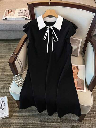 GlowEve CURVE 大码女式优雅撞色领休闲黑白拼接飘逸连衣裙，精致短袖修身连衣裙，适合日常通勤和户外活动