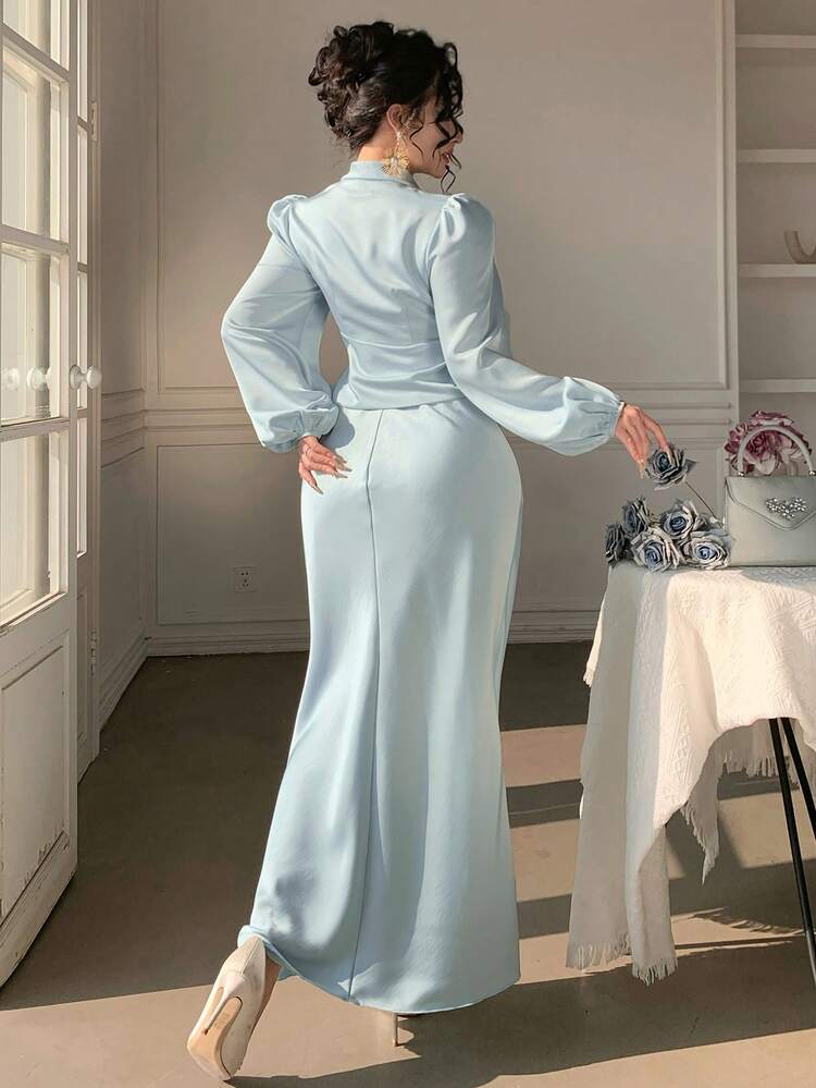 Women's Elegant Solid Color Pleated Shirt And Skirt 2 Pieces Set, Summer Spring,Wedding Guest Dress Women