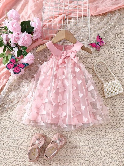 SHEIN 女婴蝴蝶装饰网纱吊带连衣裙